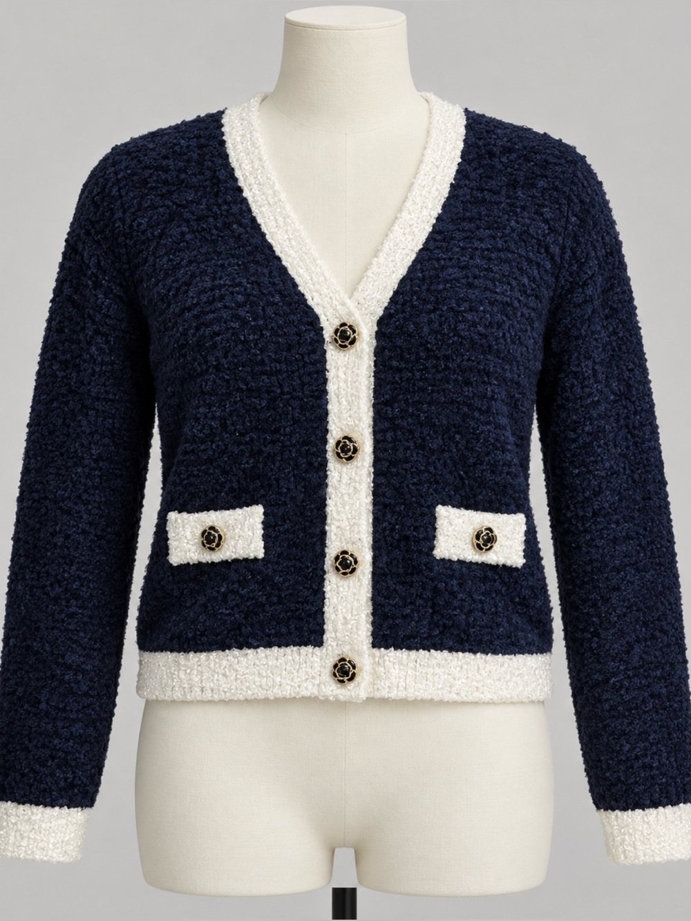 NWT Stellah Navy Ivory Contrast Trim Chenille Cardigan One Size S M L
